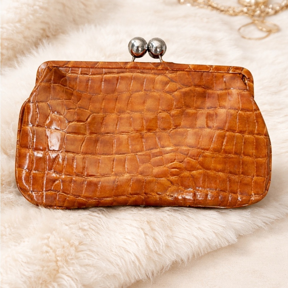 Steve Madden Brown Croc Embossed Frame Clutch Kiss Lock Evening Bag